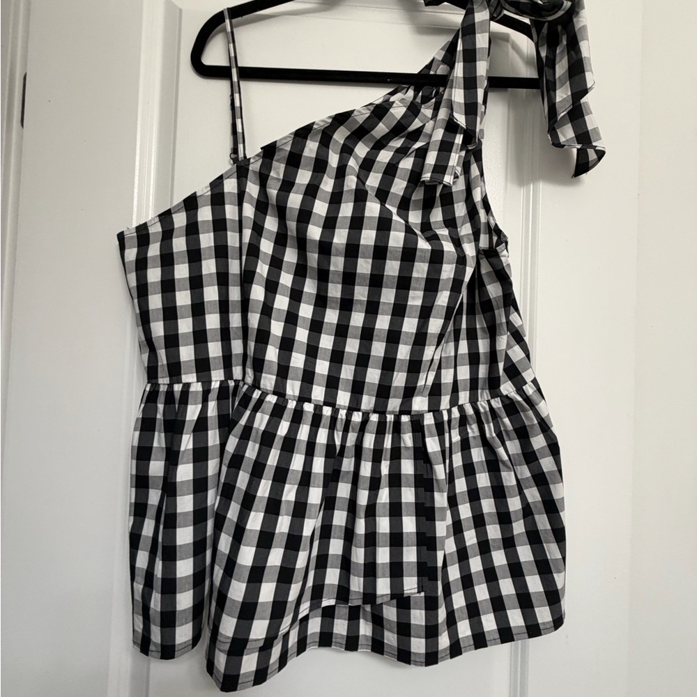 Who What Wear Monochrome Gingham One-Shoulder Top